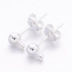 Silver Brass Post Earring Findings, with Loop, Silver Color Plated, 15x6mm, Hole: 1mm, Ball: 4mm, Pin: 0.8mm