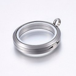 Stainless Steel Color 304 Stainless Steel Magnetic Floating Locket Pendants, with Glass, Flat Round, Clear, Stainless Steel Color, 37x30x6.5mm, Hole: 4.5mm, Inner Diameter: 23mm