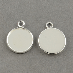 Silver Brass Pendant Cabochon Settings, Plain Edge Bezel Cups, Flat Round, Silver Color Plated, Tray: 16mm, 22x18x2mm, Hole: 2.5mm