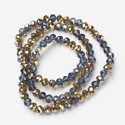 Steel Blue Electroplate Transparent Glass Beads Strands, Half Golden Plated, Faceted, Rondelle, Steel Blue, 3x2mm, Hole: 0.8mm, about 150~155pcs/strand, 15~16 inch(38~40cm)