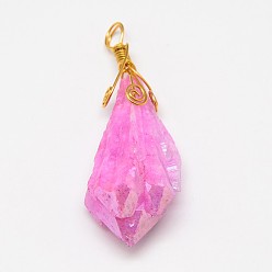 Hot Pink Electroplate Golden Wire Wrapped Gemstone Natural Rough Raw Crystal Pendants, Nuggets, Hot Pink, 40~80x14~30mm, Hole: 3~4mm