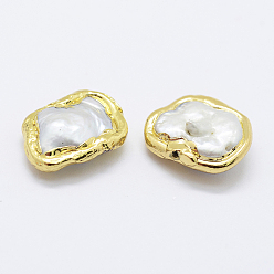 White Natural Cultured Freshwater Pearl Beads, Edge Golden Plated, Nuggets, White, 10~16x18~24x4~6mm, Hole: 0.5mm
