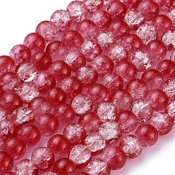 Red Baking Painted Crackle Glass Bead Strands, Two Tone, Round, Red, 8mm, Hole: 1.3~1.6mm, about 100pcs/strand, 31.4 inch