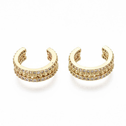 Real 18K Gold Plated Brass Micro Pave Clear Cubic Zirconia Cuff Earrings, Ring, Real 18K Gold Plated, Nickel Free, 4.5x10mm