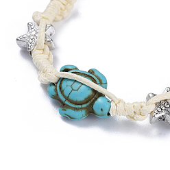 Creamy White Adjustable Eco-Friendly Korean Waxed Polyester Cord Braided Bead Bracelets, with Alloy Findings and Synthetic Turquoise(Dyed) Beads, Tortoise, Creamy White, 2 inch~3-3/8 inch(5.1~8.6cm)