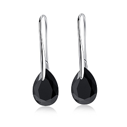 Black Platinum Tone Stainless Steel Dangle Earrings, with Cubic Zirconia, Black, 35x10mm