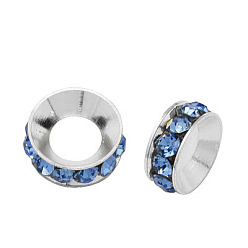 Light Sapphire Brass Rhinestone Spacer Beads, Grade A, Rondelle, Silver Color Plated, Light Sapphire, 10x4.2mm, Hole: 5.2~5.7mm
