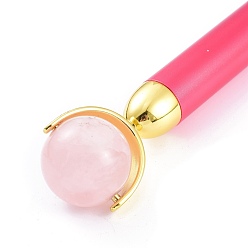 Hot Pink Natural Rose Quartz Massage Tool Skin Care, Facial Rollers, with Plastic Findings, Hot Pink, 156x30~31x16~26mm