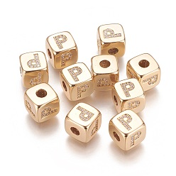 Letter P Brass Micro Pave Cubic Zirconia Beads, Horizontal Hole, Real 18K Gold Plated, Long-Lasting Plated, Cube with Letter, Clear, Letter.P, 9x9x9mm, Hole: 3.5mm