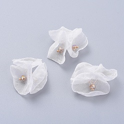 White Handmade Netting Fabric Woven Costume Accessories, with Golden Plated Brass Eye Pin, Flower, White, 25~31x4.5mm
