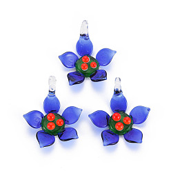 Blue Handmade Lampwork Pendants, Flower, Blue, 40~42x33~35x13~15mm, Hole: 3~5mm