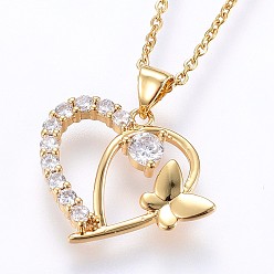 Golden 304 Stainless Steel Pendant Necklaces, with Cubic Zirconia, Heart with Butterfly, Golden, 17.71 inch(45cm), Pendant: 24.5x23x3mm