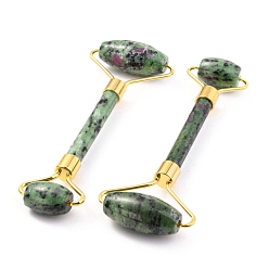 Ruby in Zoisite Natural Ruby in Zoisite Brass Face Massager, Facial Rollers, Golden, 142~150x54~58x19~22mm