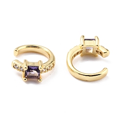 Purple Brass Micro Pave Cubic Zirconia Cuff Earrings, Real 18K Gold Plated, Ring, Purple, 13x2.5mm