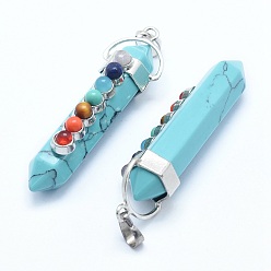 Synthetic Turquoise Chakra Jewelry, Synthetic Green Turquoise Double Terminated Pointed Pendants, with Natural & Synthetic Mixed Stone Alloy Findings, Bullet, Platinum, Dyed, 58~61x16.5~18x15.5~16mm, Hole: 4.5x7.5mm