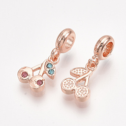Rose Gold Alloy European Dangle Charms, with Rhinestone, Large Hole Pendants, Cherry, Rose Gold, 25mm, Hole: 4mm