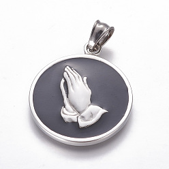 Stainless Steel Color 304 Stainless Steel Pendants, with Enamel, Flat Round with Praying hands, Stainless Steel Color, 38x32x3mm, Hole: 5x7mm