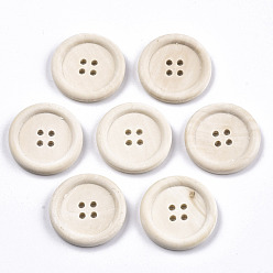 PapayaWhip Natural Wood Buttons, 4-Hole, Rim Button, Unfinished Wooden Button, Flat Round, PapayaWhip, 30x5mm, Hole: 2.5mm
