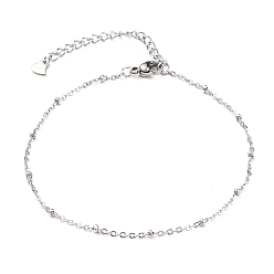 Stainless Steel Color 304 Stainless Steel Cable Chain, Satellite Chain Anklets, with Rondelle Beads and Lobster Claw Clasps, Stainless Steel Color, 8-1/8 inch(20.5cm)