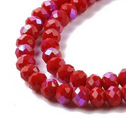 Dark Red Electroplate Opaque Solid Color Glass Beads Strands, Half Rainbow Plated, Faceted, Rondelle, Dark Red, 4x3mm, Hole: 0.4mm, about 123~127pcs/strand, 16.5~16.9 inch(42~43cm)