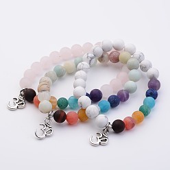 Mixed Stone Natural Gemstone Stretch Bracelets, with Alloy Om Symbol Pendants, Antique Silver, 2-1/8 inch(53mm)