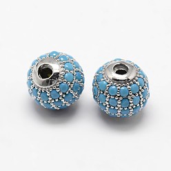 Platinum Round Brass Micro Pave Cubic Zirconia Beads, Platinum, 8mm, Hole: 1.5mm