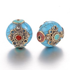 Mixed Color Tibetan Style Beads, Flat Round, Imitation Beeswax and Synthetic Turquoise, with Brass Findings, Antique Golden, Mixed Color, 18x17x14mm, Hole: 2mm