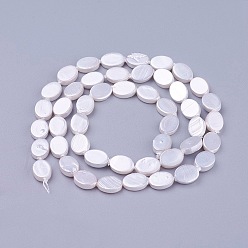 White Shell Pearl Beads Strands, Oval, White, 8~9x6x2~2.5mm, Hole: 0.5mm, about 46pcs/strand, 15.5 inch(39.5cm)