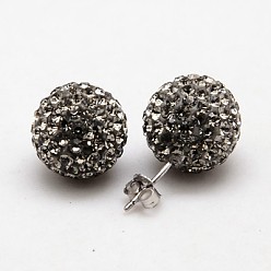 215_Black Diamond 925 Sterling Silver Austrian Crystal Rhinestone Ear Studs, with Ear Nuts, Round, 215_Black Diamond, 12mm, Pin: 0.8mm