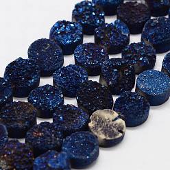 Dark Blue Electroplated Natural & Dyed Druzy Agate Bead Strands, Grade AB, Flat Round, Dark Blue, 14x5~8mm, Hole: 1mm, about 14pcs/strand, 7.87 inch