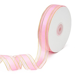 Pearl Pink Solid Color Organza Ribbons, Golden Wired Edge Ribbon, for Party Decoration, Gift Packing, Pearl Pink, 1"(25mm), about 50yard/roll(45.72m/roll)
