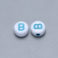 Letter B Craft Acrylic Horizontal Hole Letter Beads, Flat Round, Mixed Color, Letter.B, 7x3.5~4mm, Hole: 1.5mm, about 3600pcs/500g