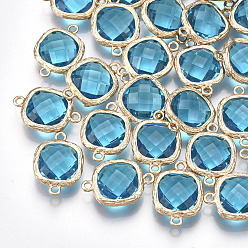 Bleu Connecteurs de liens en verre transparent, avec les accessoires en laiton, sans nickel, réel 18 k plaqué or, carré à facettes, bleu, 18x13x6mm, Trou: 1mm