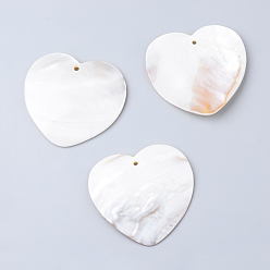 Floral White Freshwater Shell Big Pendants, Heart, Floral White, 48~50x48~51.5x2~3mm, Hole: 2mm