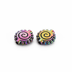 Rainbow Color Rack Plating Rainbow Color Alloy Beads, Cadmium Free & Nickel Free & Lead Free, Flat Round with Spiral, 10x9.5x3mm, Hole: 1.5mm