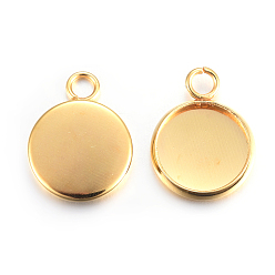 Golden Rack Plating 304 Stainless Steel Pendant Cabochon Settings, Plain Edge Bezel Cups, Flat Round, Real 24K Gold Plated, Tray: 10mm, 15x12x2mm, Hole: 2.2mm