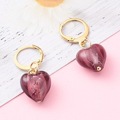 Mixed Color 304 Stainless Steel Huggie Hoop Earrings, with Handmade Silver Foil Glass Beads, Heart, Golden, Mixed Color, 32.5mm, Pin: 0.6x1mm