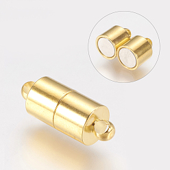 Golden Brass Magnetic Clasps with Loops, Nickel Free, Column, Golden, 16x6mm, Hole: 1.5mm