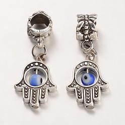 Antique Silver Tibetan Style Alloy Pendants, Hamsa Hand/Hand of Fatima/Hand of Miriam, with Evil Eye Lampwork Beads, Antique Silver, 30mm, Hole: 5.5mm