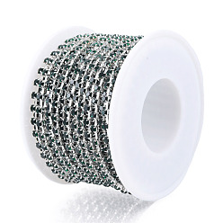 Emerald Silver Plated Brass Rhinestone Strass Chains, Rhinestone Cup Chains, Soldered, with Spool, Emerald, 3mm, about 32.81 Feet(10m)/Roll