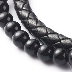 Black Natural Obsidian Round Beads Multi-strand Bracelets, with Braided Cowhide Leather, Black, 8-7/8 inch(22.5cm)