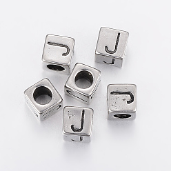 Antique Silver 304 Stainless Steel Large Hole Letter European Beads, Cube with Letter.J, Antique Silver, 8x8x8mm, Hole: 5mm
