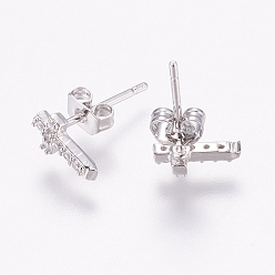 Platinum Brass Micro Pave Cubic Zirconia Stud Earrings, with Ear Nuts, Cross, Platinum, 8x5x2mm, pin: 1mm