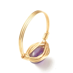 Amethyst Natural Amethyst Oval Finger Rings, Copper Wire Wrapped Jewelry for Women, Golden, US Size 8 1/4(18.3mm)~US Size 8 3/4(18.7mm)