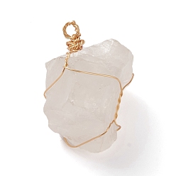 Quartz Crystal Natural Raw Rough Quartz Crystal Wire Wrapped Pendants, with Golden Eco-Friendly Copper Wire, Nuggets, 32~33.5x21~25x12.5~22mm, Hole: 3mm