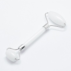 White Jade Natural White Jade Brass Face Massager, Facial Rollers, Platinum, 142~150x54~58x19~22mm