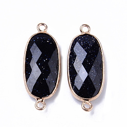 Blue Goldstone Natural Blue Goldstone Links Connectors, with Light Gold Plated Edge Brass Loops, Oval, Faceted, 27x11x5.5mm, Hole: 2mm
