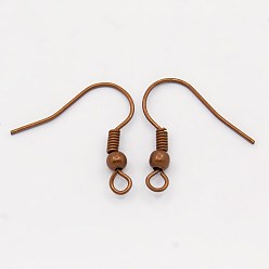 Red Copper Brass Earring Hooks, with Beads and Horizontal Loop, Nickel Free, Red Copper, 19mm, Hole: 1.5mm, 21 Gauge, Pin: 0.7mm