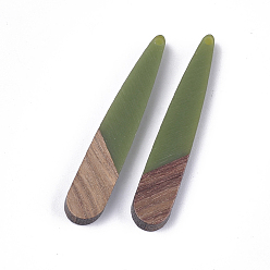 Vert Olive Foncé Pendentifs en bois de résine et de noyer, larme, vert olive foncé, 44x7.5x3mm, Trou: 1.2mm