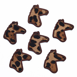 Camel Eco-Friendly Cowhide Leather Big Pendants, with Dyed Wood, Horse's Head with Leopard Print Pattern, Camel, 53.5x42x3mm, Hole: 2mm
